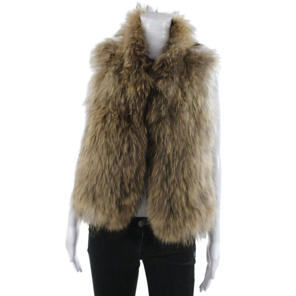 Yves Salomon Womens Brown Raccoon Fur Sleeveless Vest Hook & Eye Size 38
